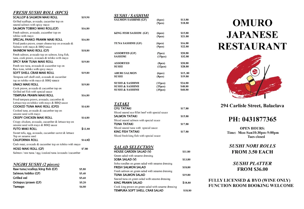 Menu, Omuro Japanese Sushi Restaurant