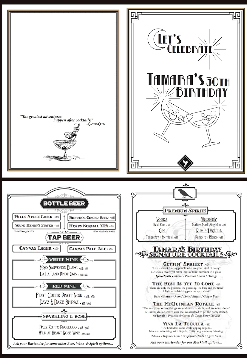 Menu, Canvas Club