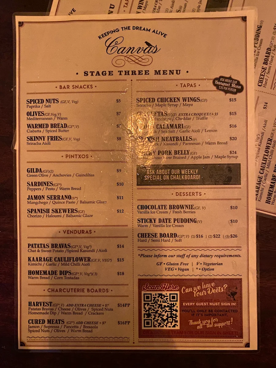 Menu, Canvas Club