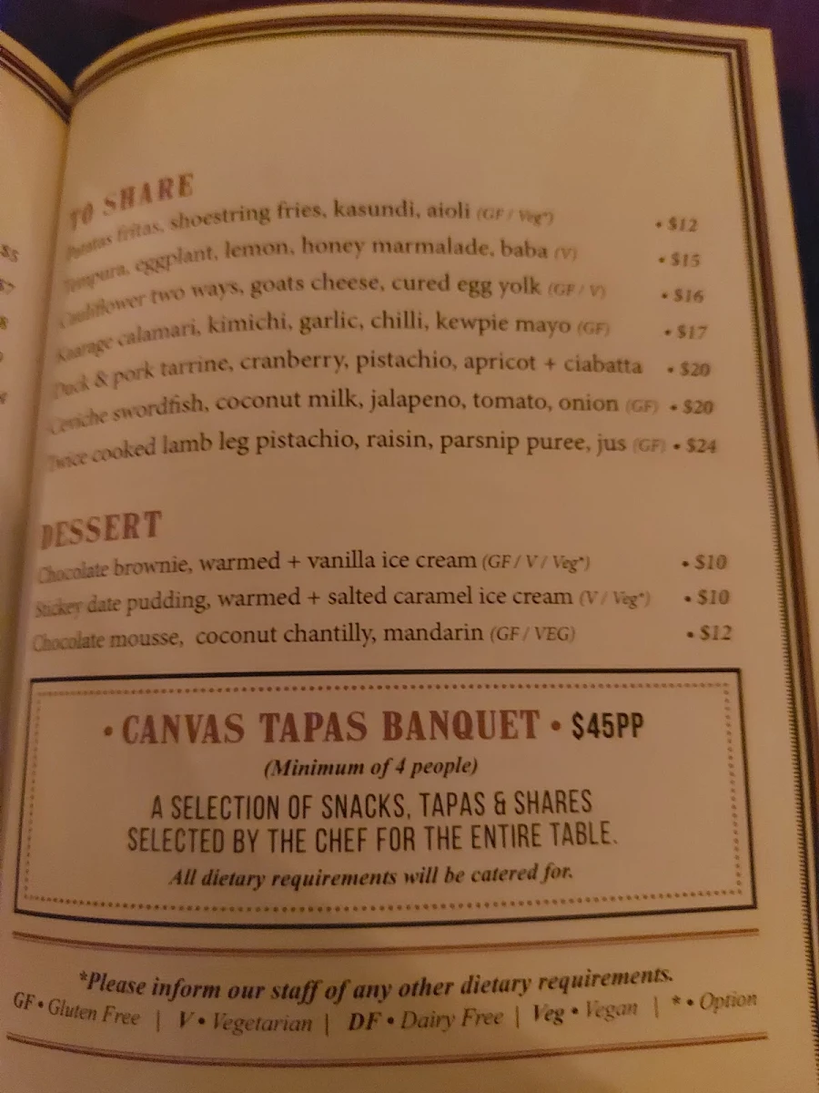 Menu, Canvas Club