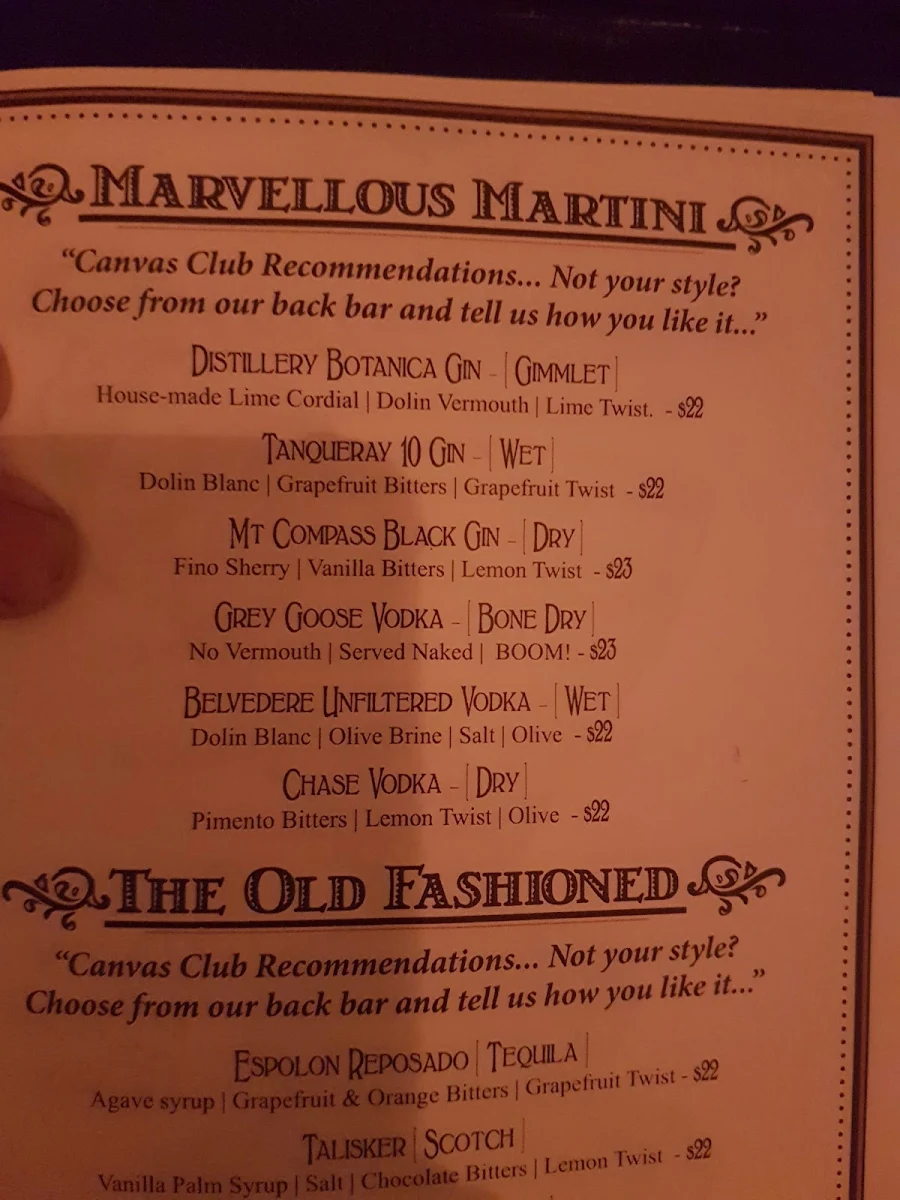 Menu, Canvas Club