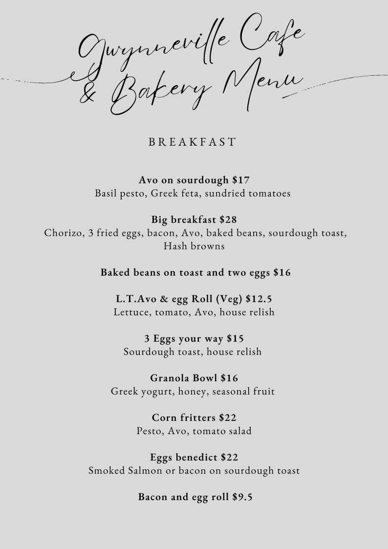 Menu, Gwynneville Bakery