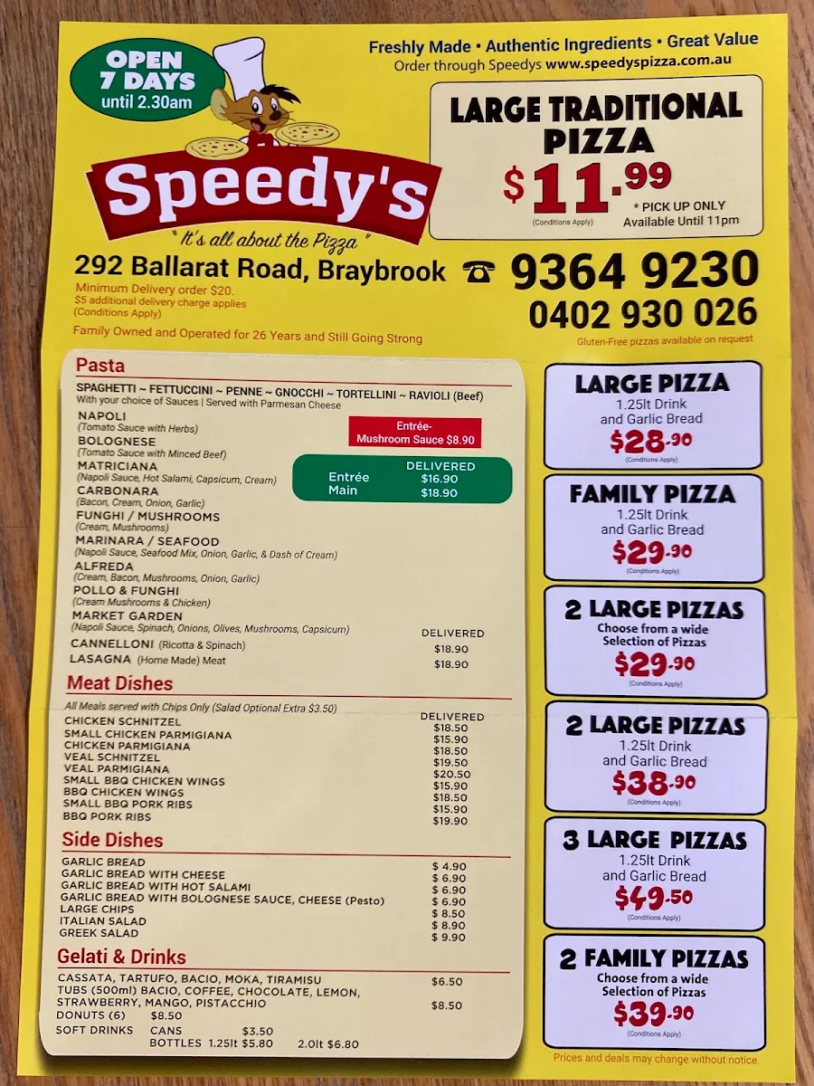 Menu, Speedy's Pizza & Pasta