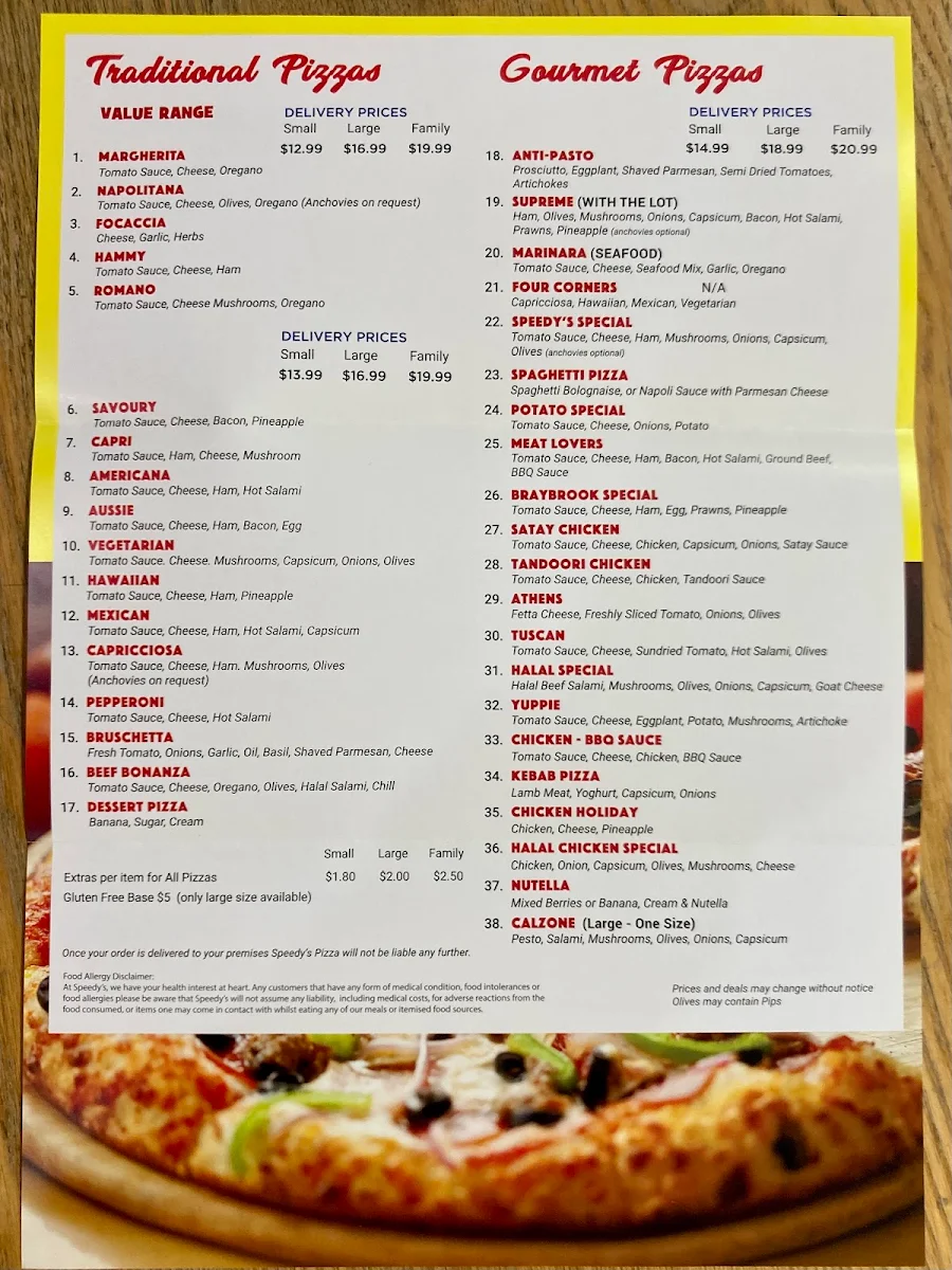 Menu, Speedy's Pizza & Pasta