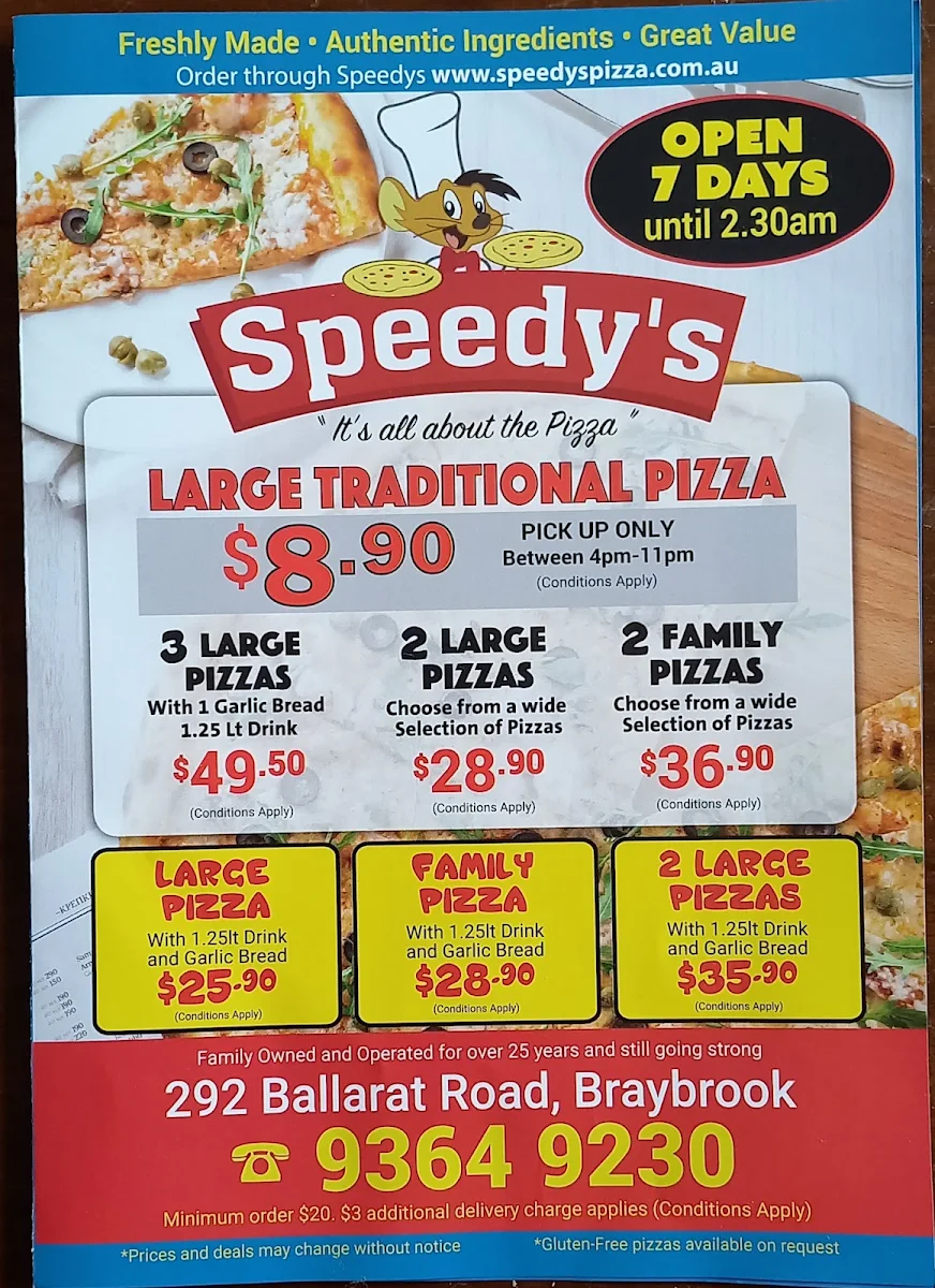 Menu, Speedy's Pizza & Pasta