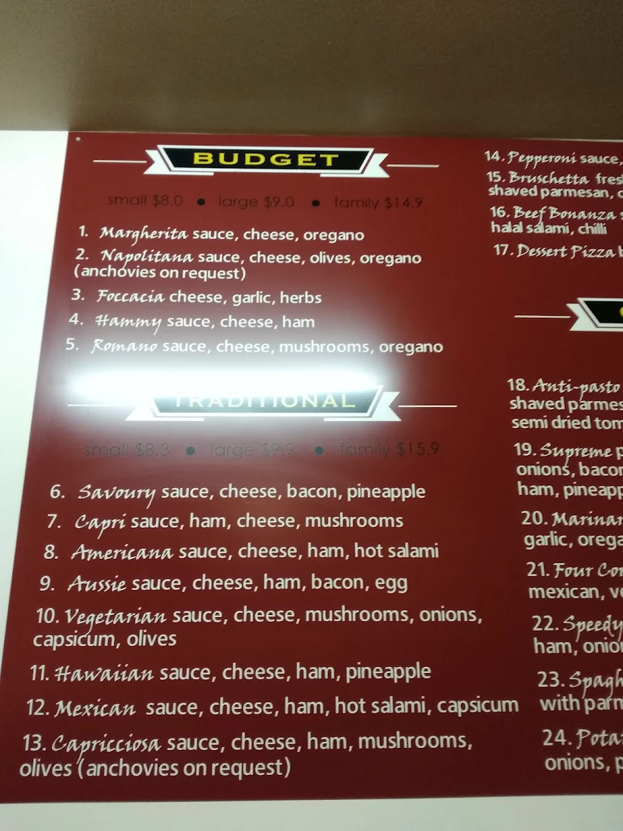 Menu, Speedy's Pizza & Pasta