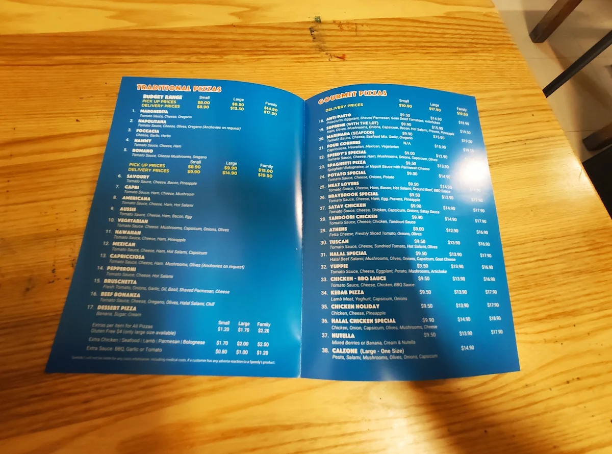 Menu, Speedy's Pizza & Pasta