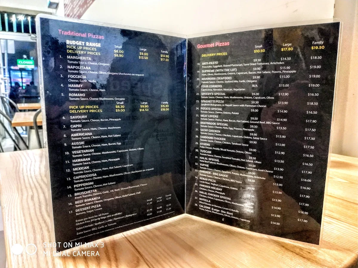 Menu, Speedy's Pizza & Pasta