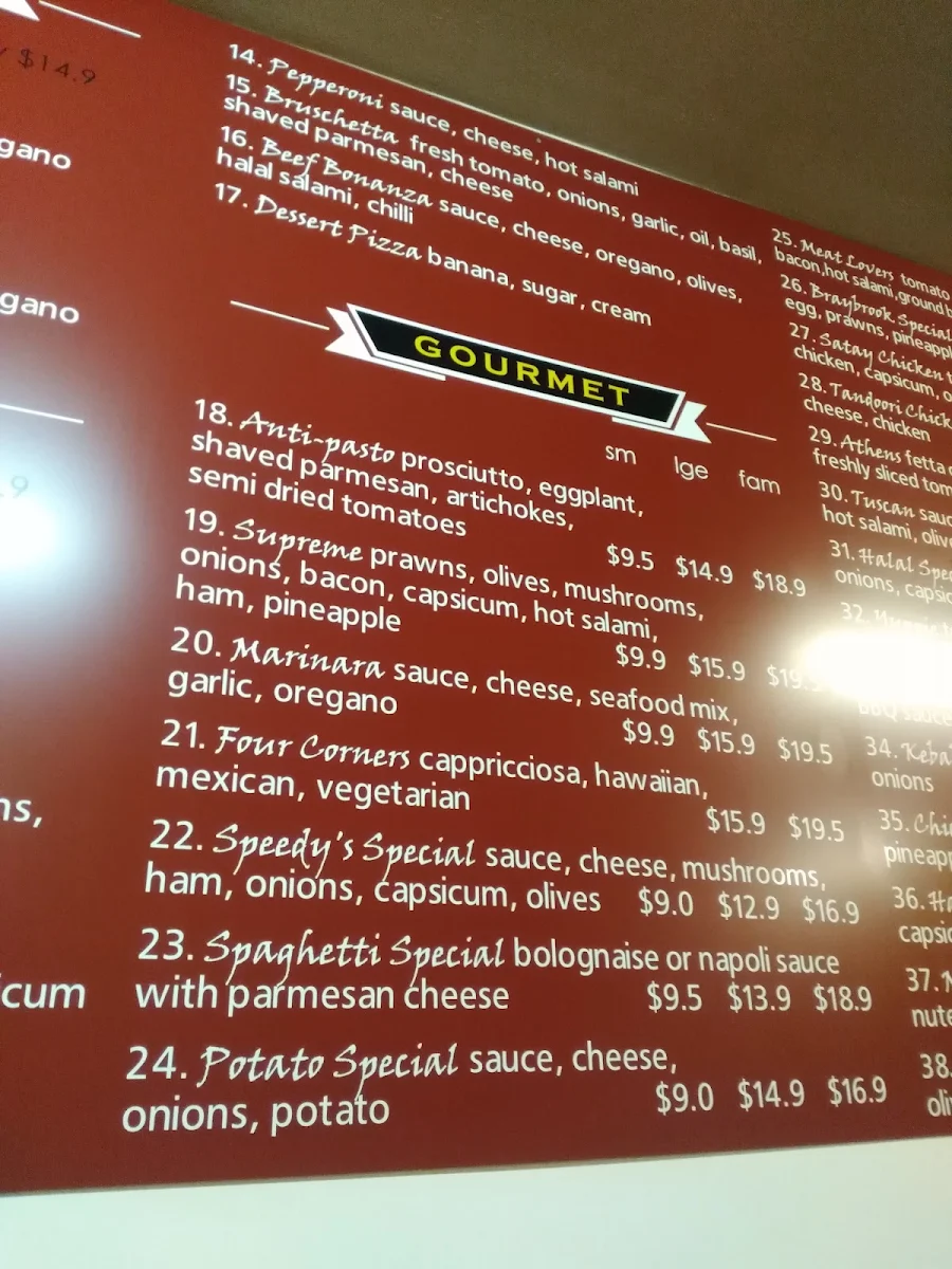 Menu, Speedy's Pizza & Pasta