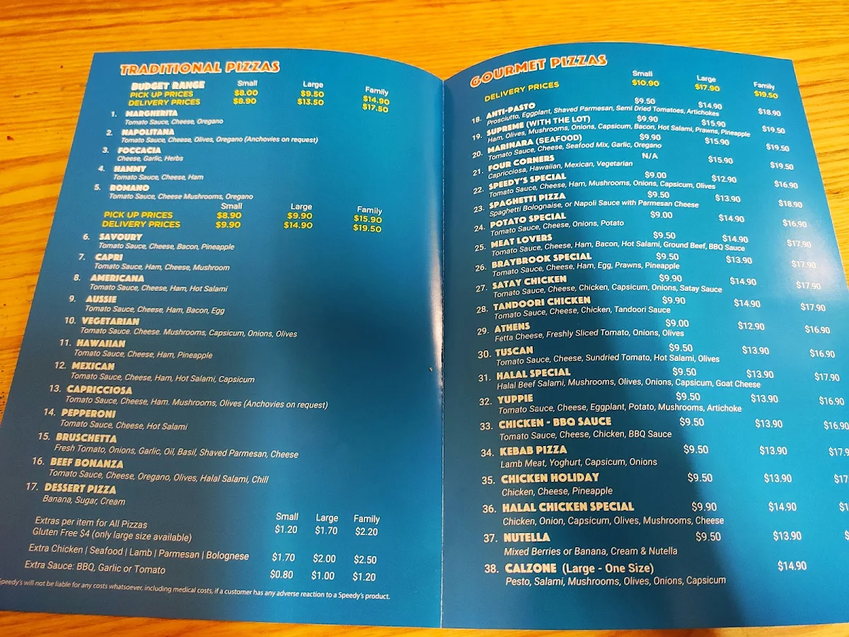 Menu, Speedy's Pizza & Pasta
