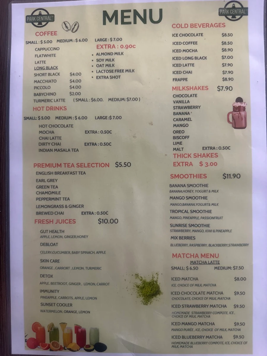 Menu, Park Central Cafe & restaurant