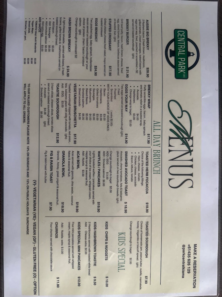 Menu, Park Central Cafe & restaurant
