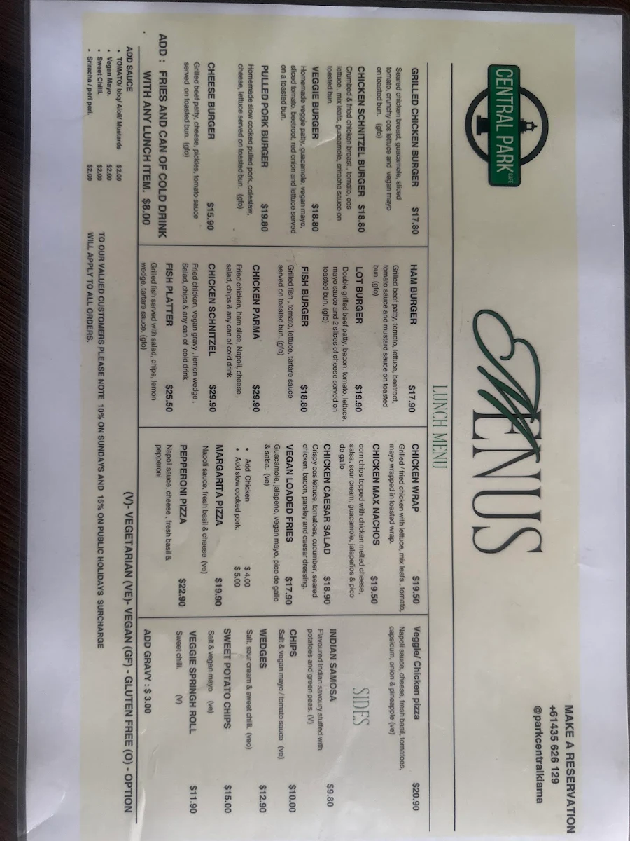 Menu, Park Central Cafe & restaurant