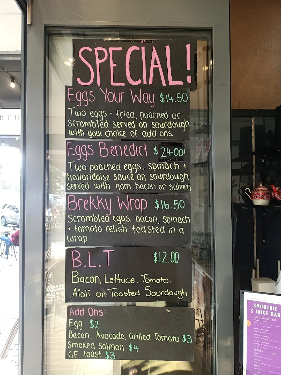 Menu, Park Central Cafe & restaurant
