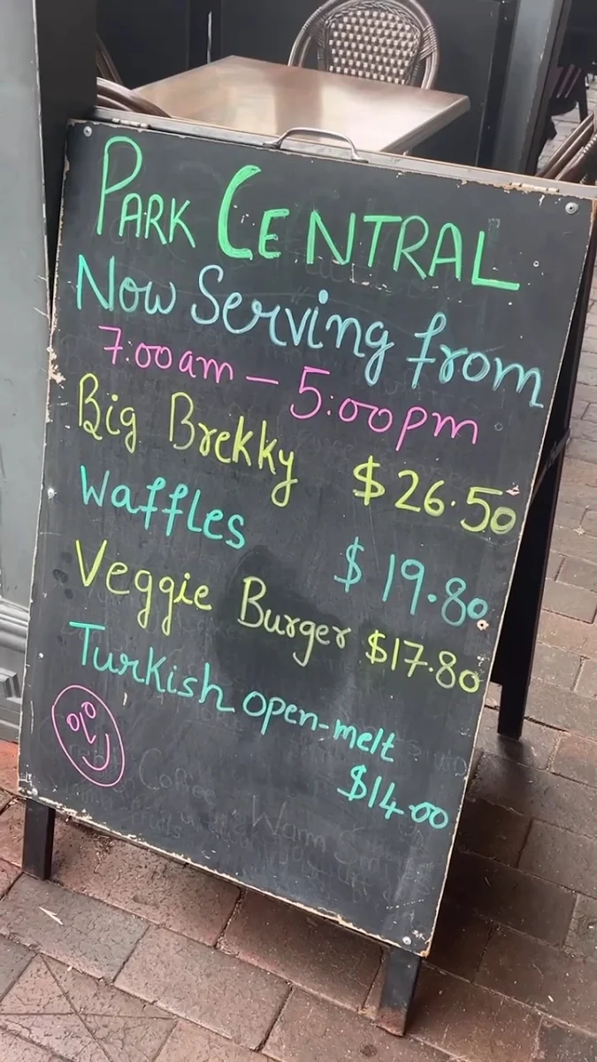 Menu, Park Central Cafe & restaurant