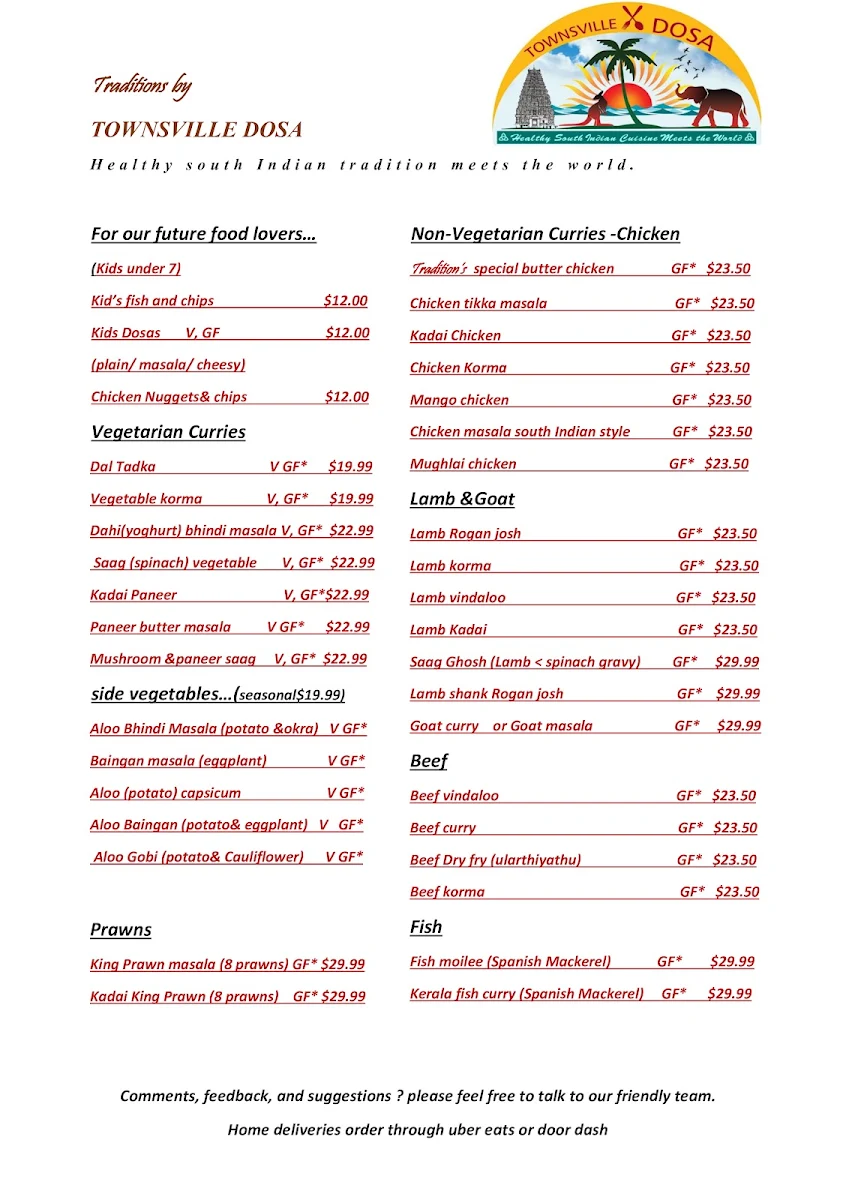 Menu, Traditions by Townsville Dosa