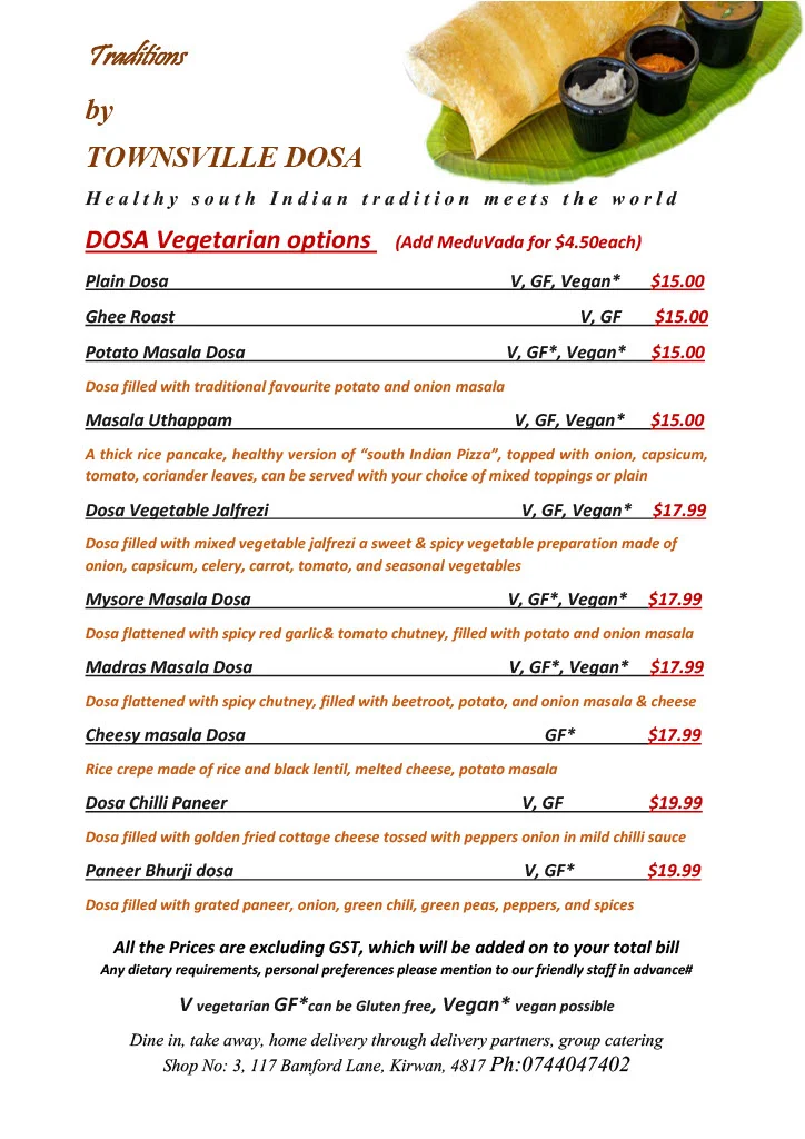 Menu, Traditions by Townsville Dosa