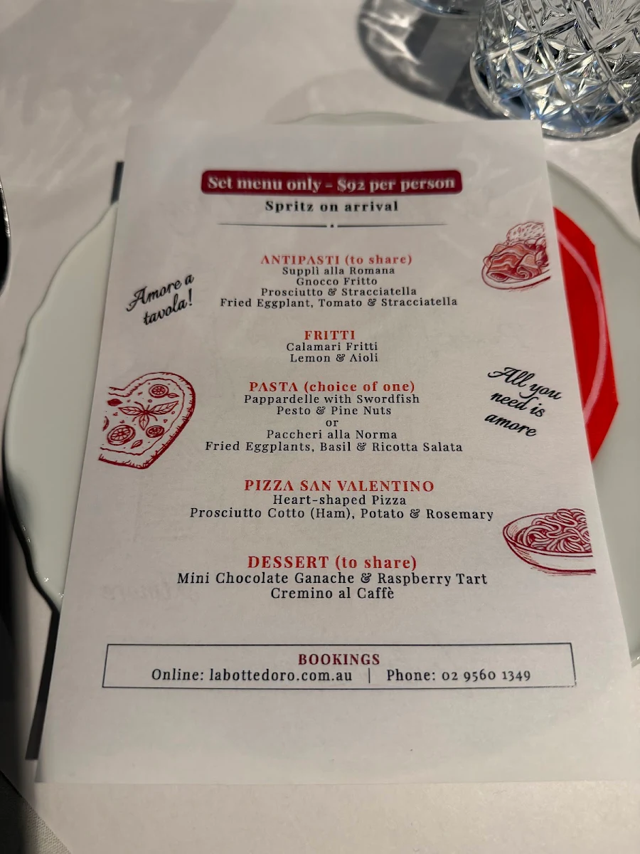 Menu, La Botte D'Oro Restaurant