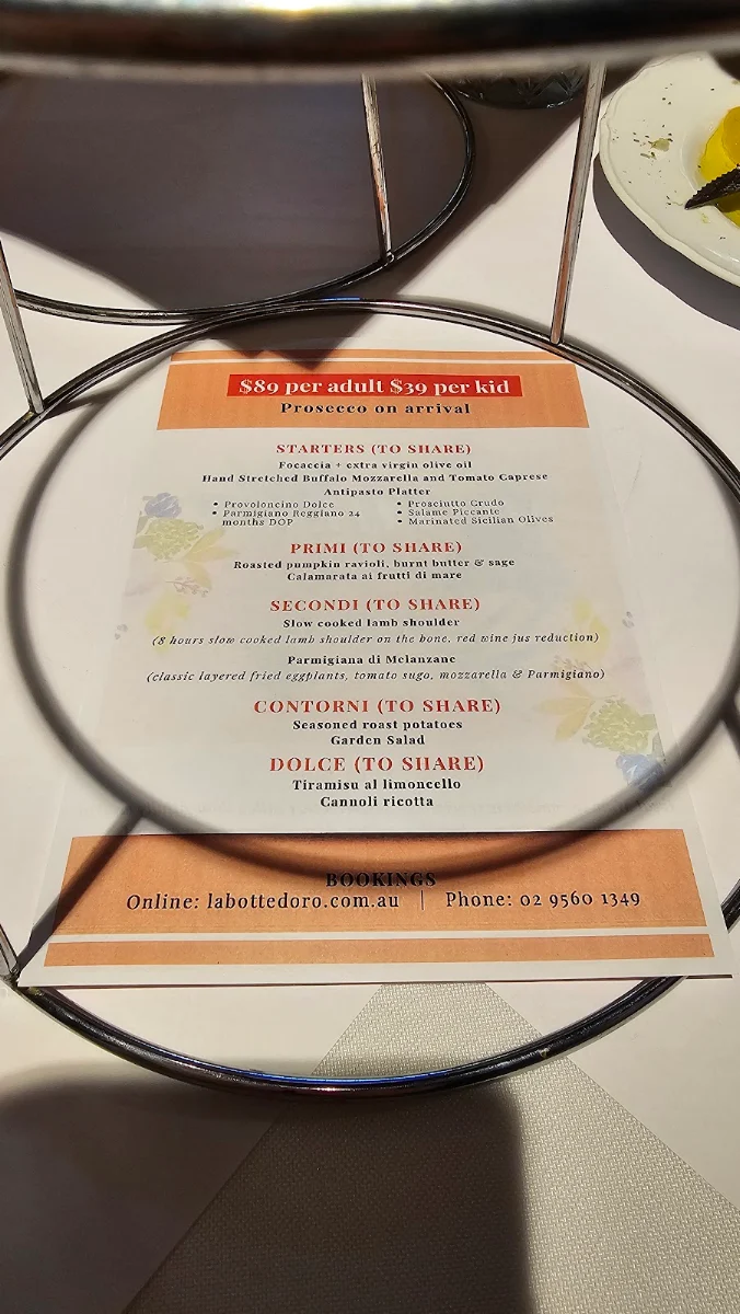 Menu, La Botte D'Oro Restaurant