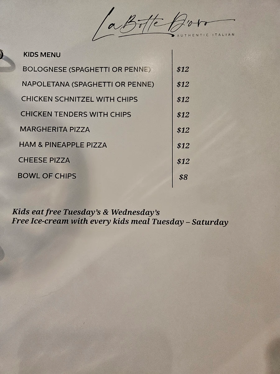 Menu, La Botte D'Oro Restaurant