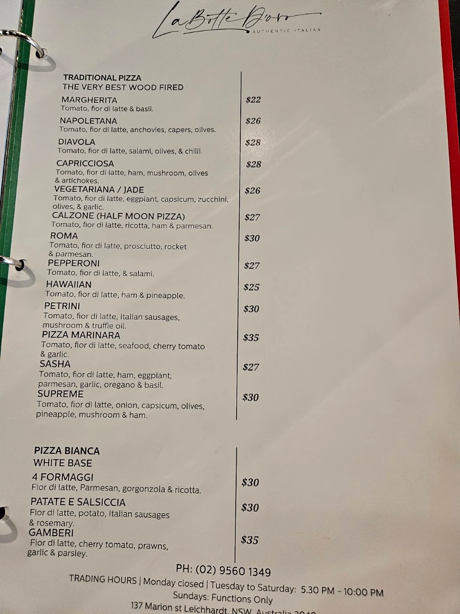 Menu, La Botte D'Oro Restaurant