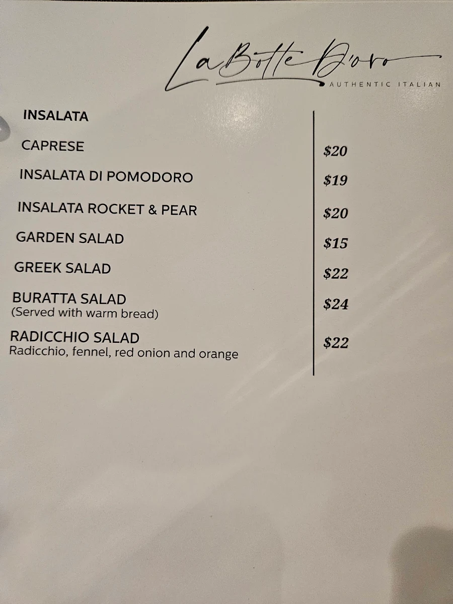 Menu, La Botte D'Oro Restaurant