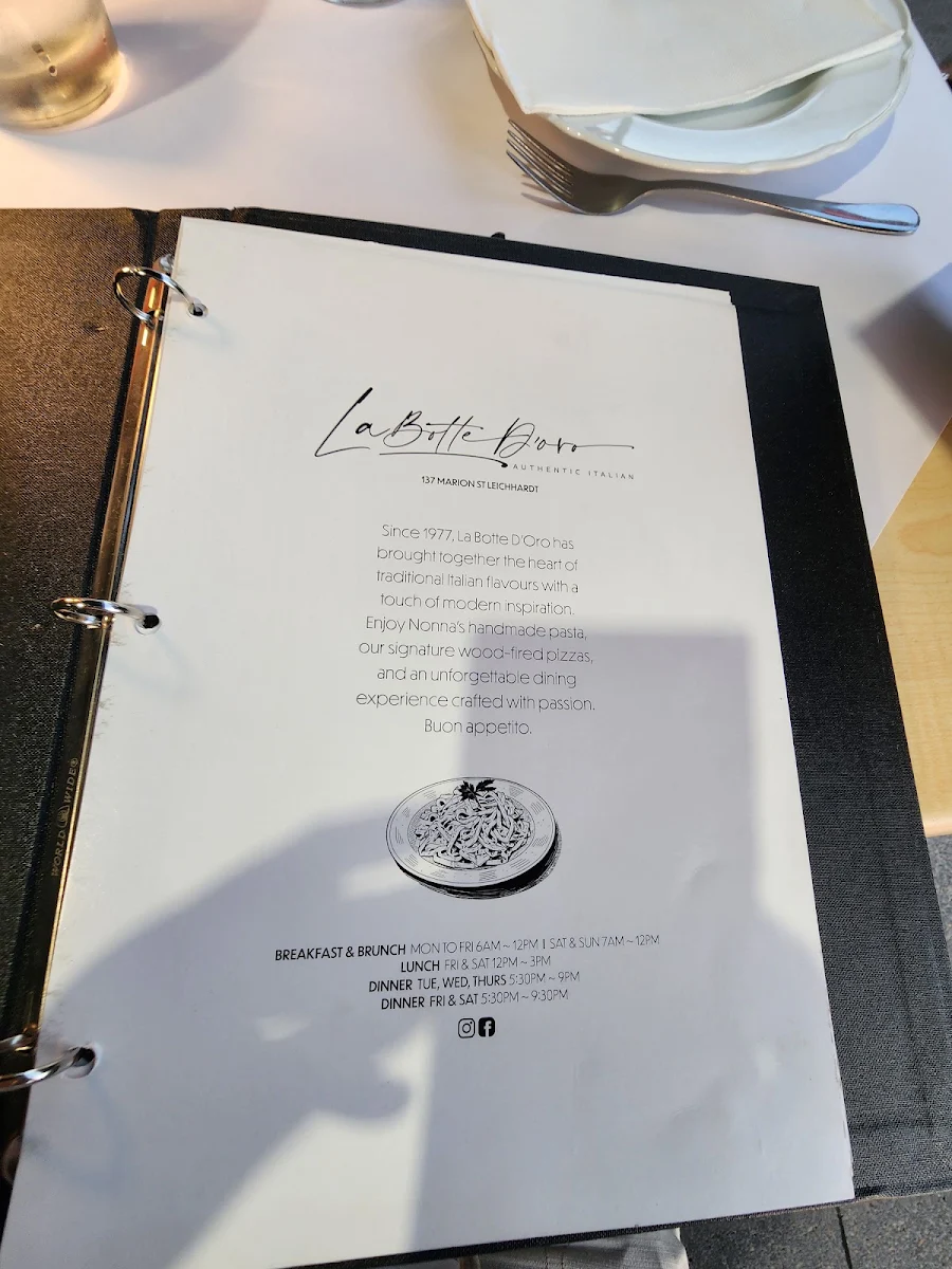 Menu, La Botte D'Oro Restaurant