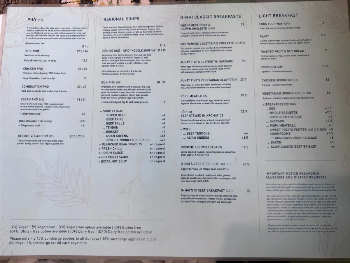 Menu, Cafe O-Mai