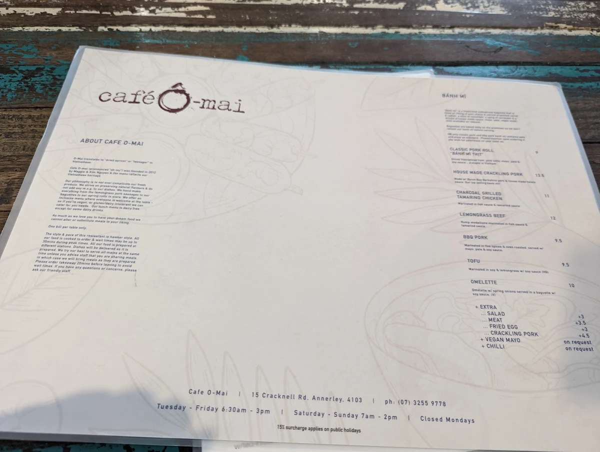 Menu, Cafe O-Mai