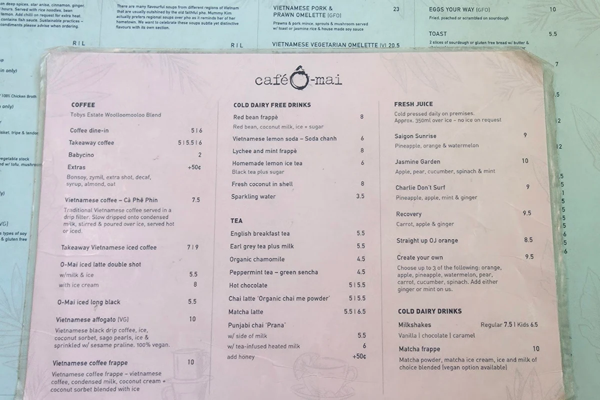 Menu, Cafe O-Mai