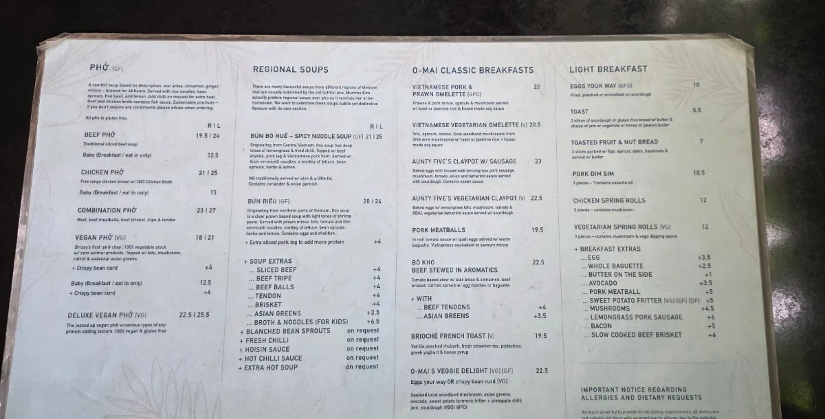 Menu, Cafe O-Mai
