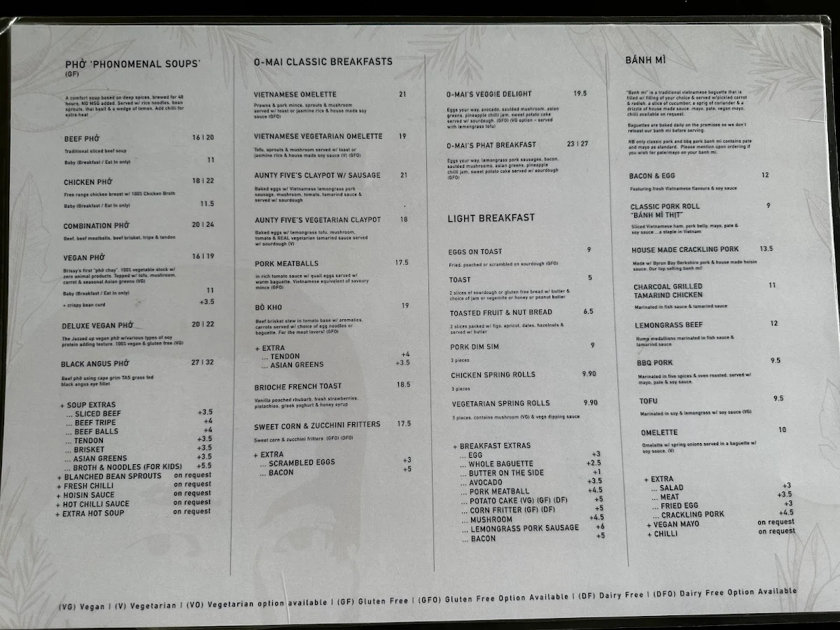 Menu, Cafe O-Mai