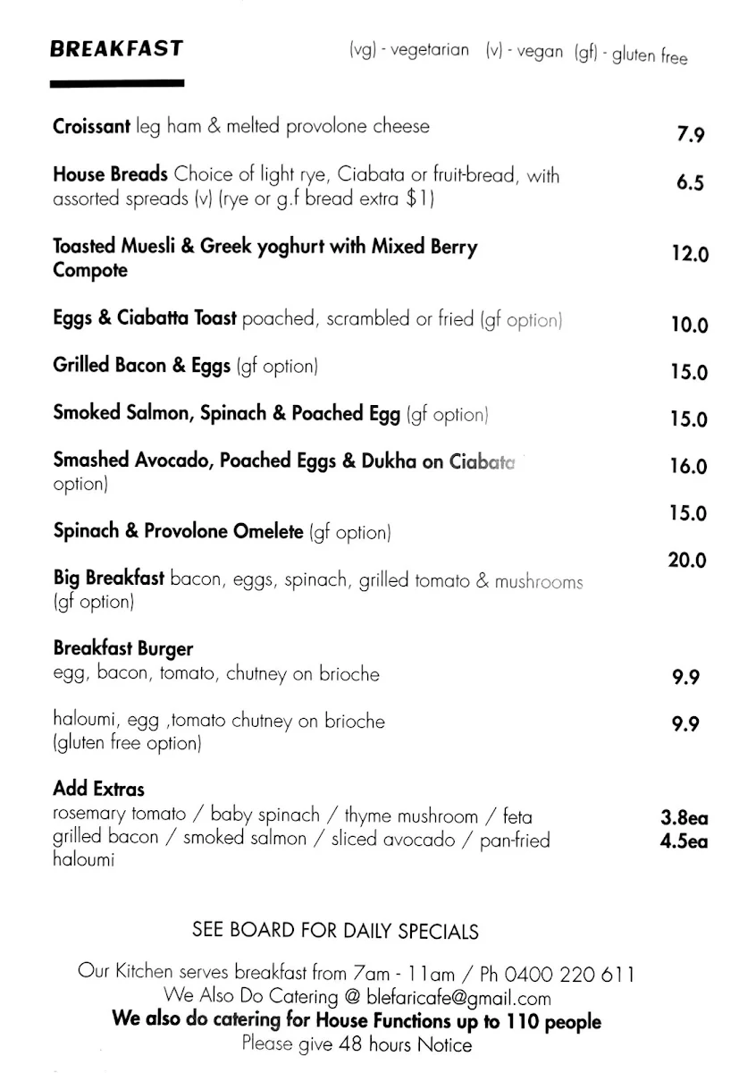 Menu, Blefari Caffè & Cucina
