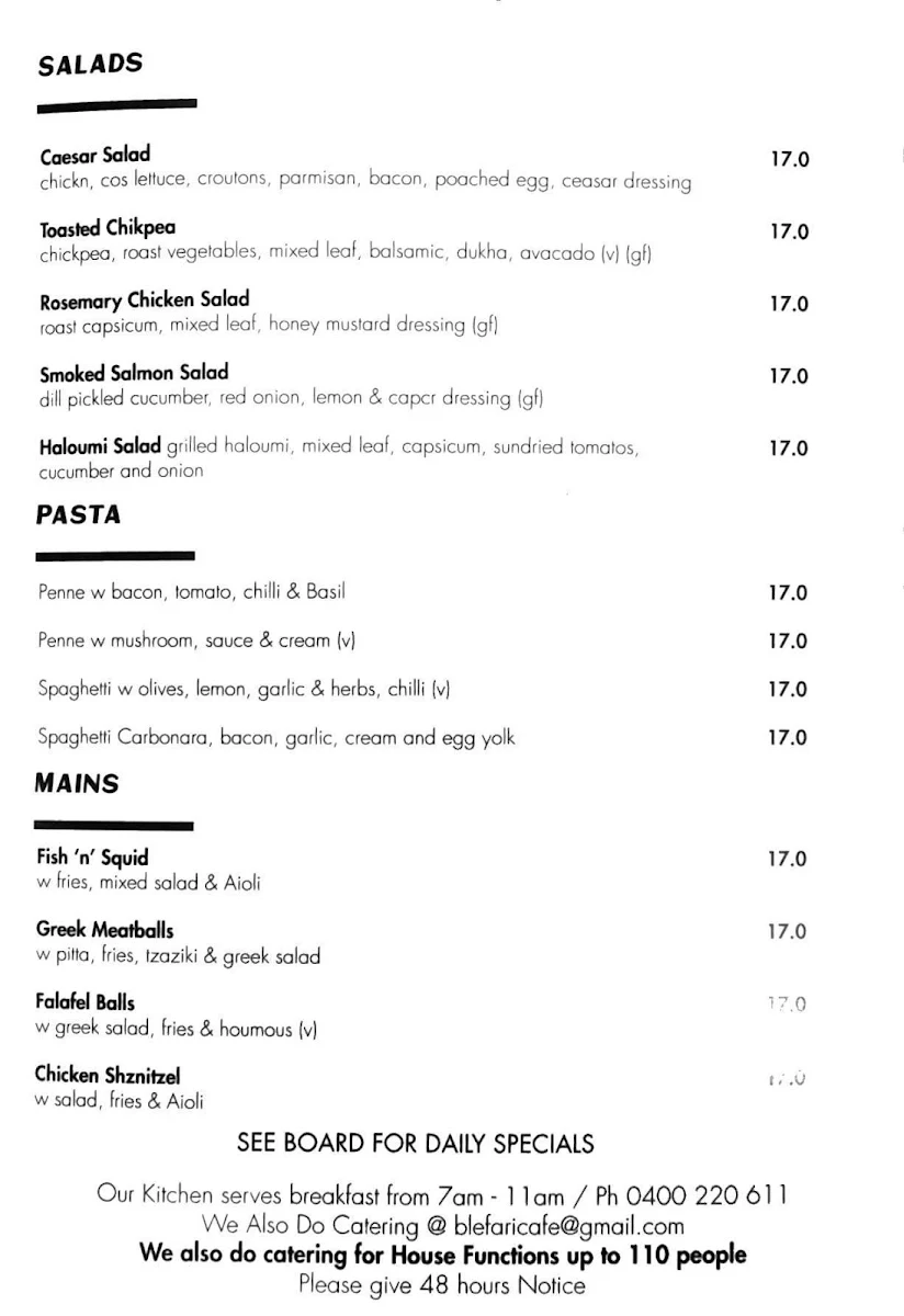 Menu, Blefari Caffè & Cucina