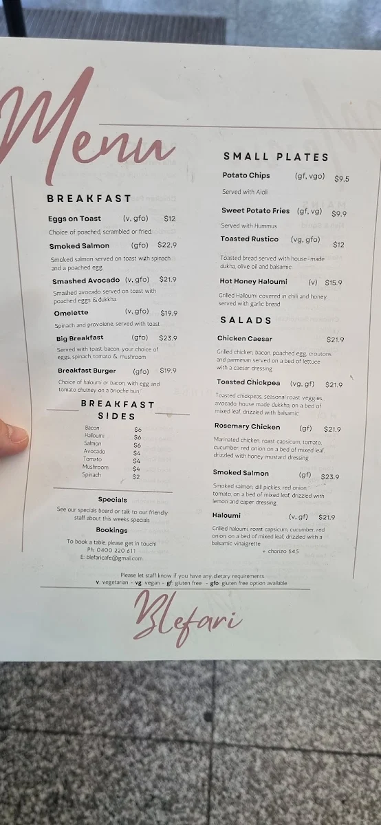 Menu, Blefari Caffè & Cucina