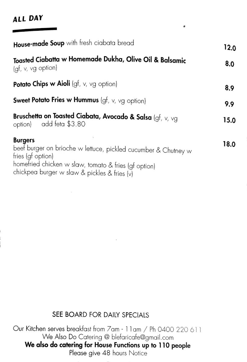 Menu, Blefari Caffè & Cucina