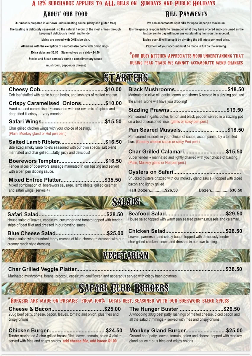 Menu, Safari Club Bar & Grill
