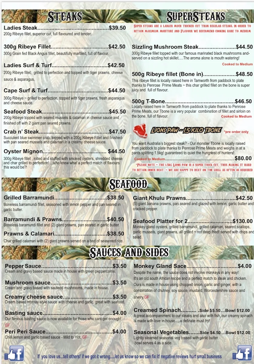 Menu, Safari Club Bar & Grill