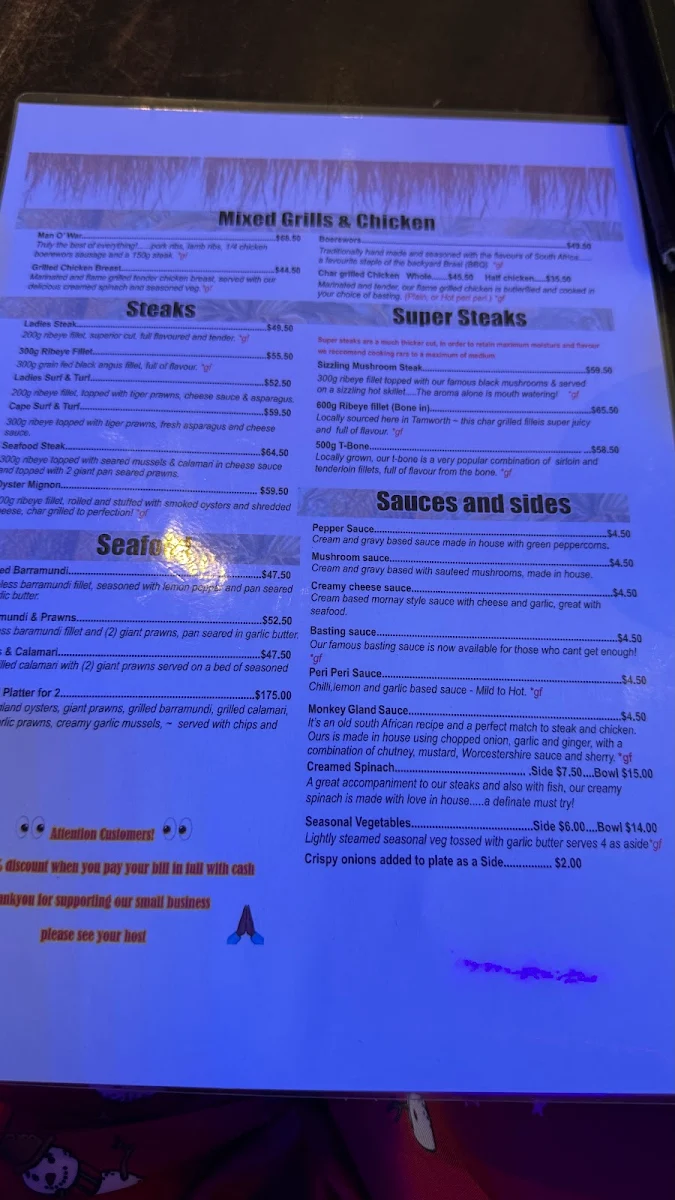 Menu, Safari Club Bar & Grill