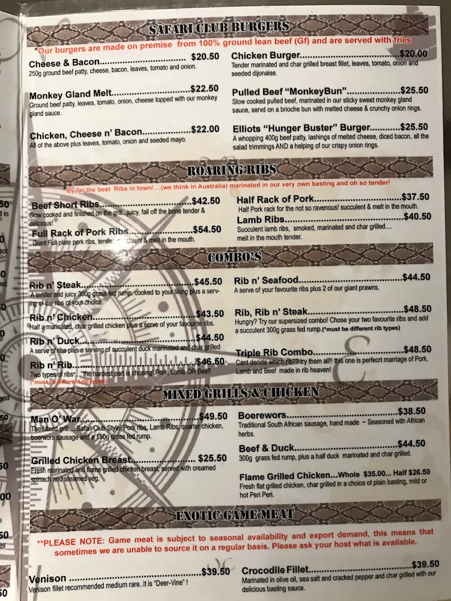 Menu, Safari Club Bar & Grill