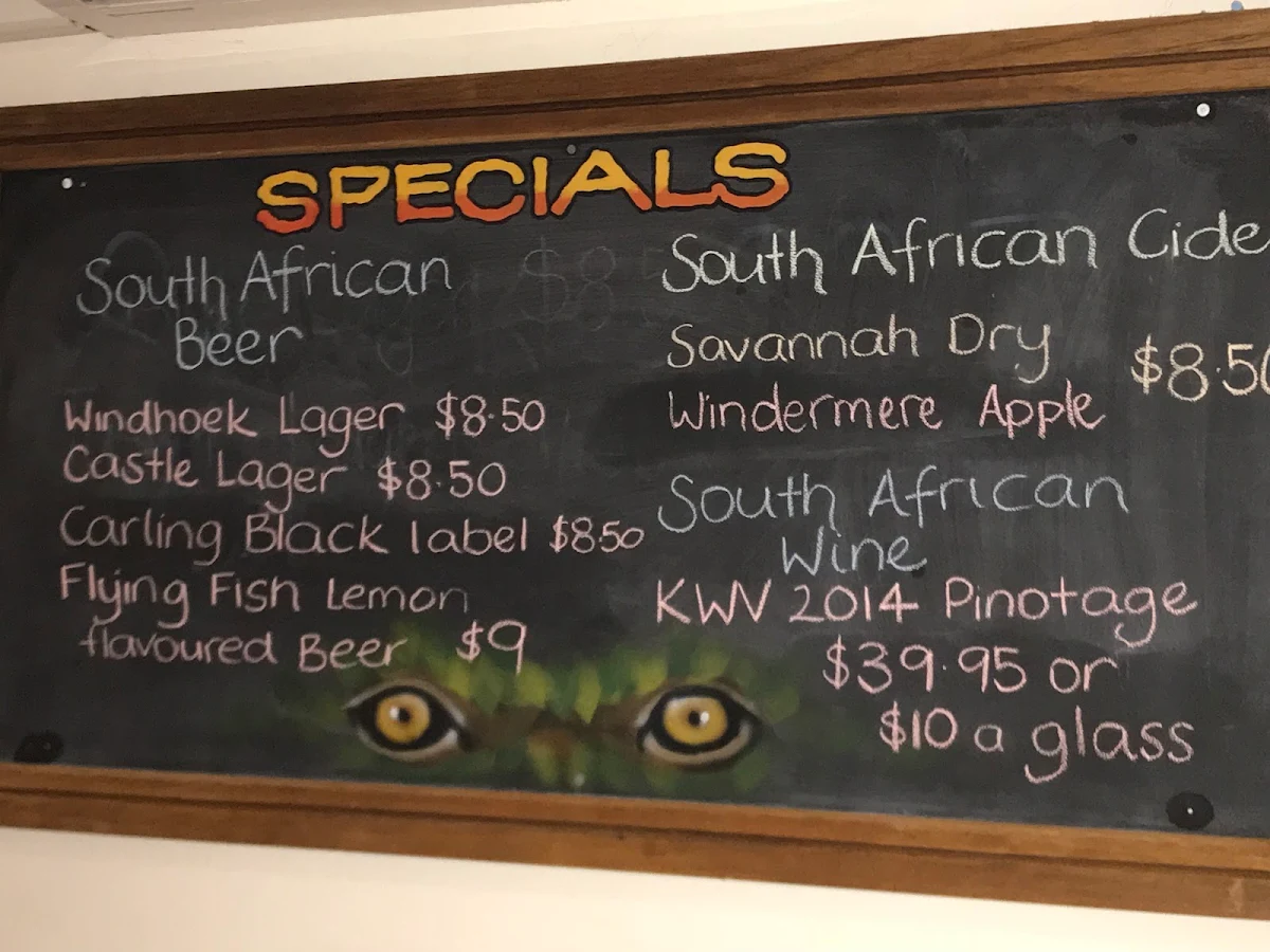 Menu, Safari Club Bar & Grill