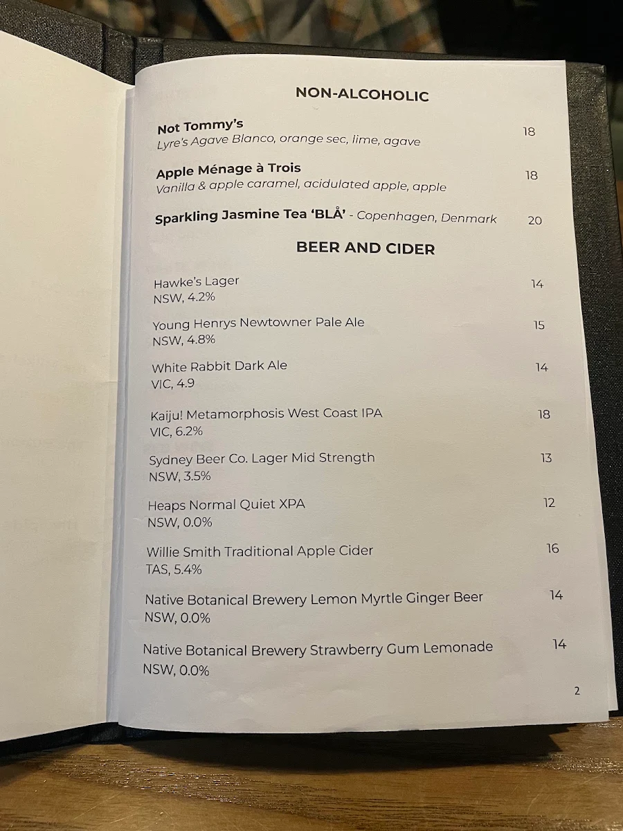Menu, NEL Restaurant