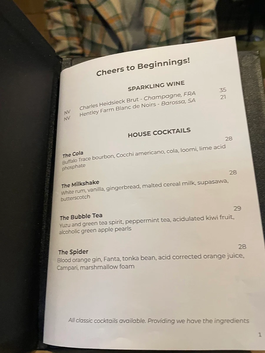 Menu, NEL Restaurant