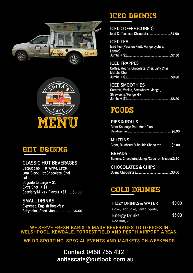 Menu, Anita's Coffee Van