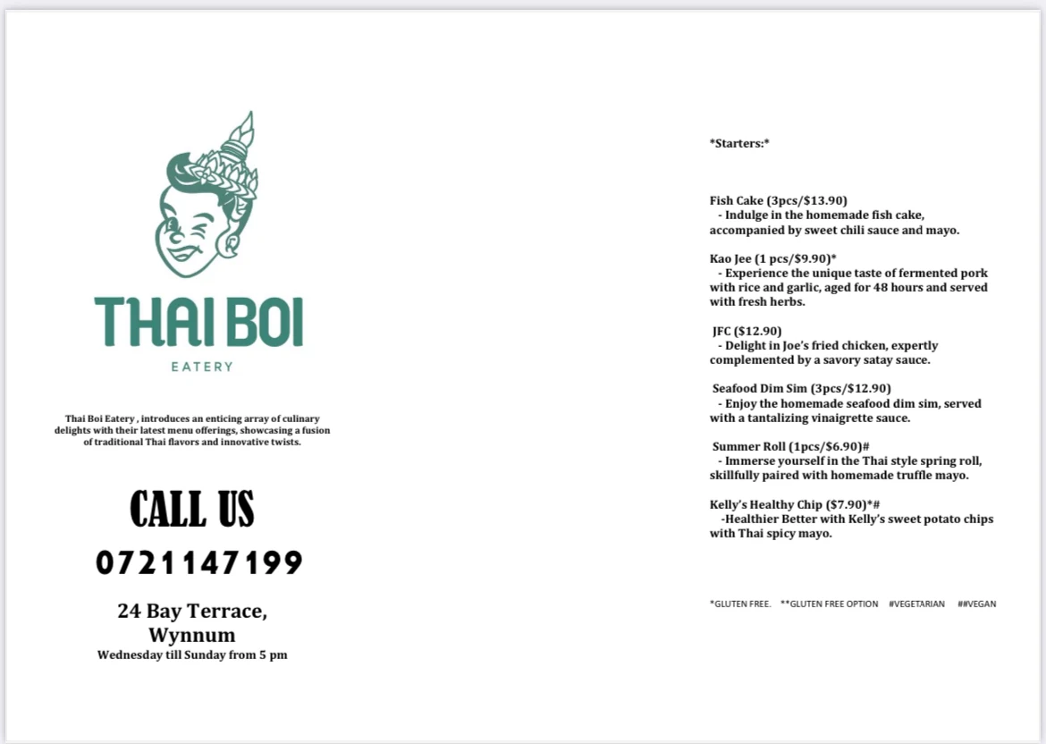 Menu, THAI BOI Wynnum