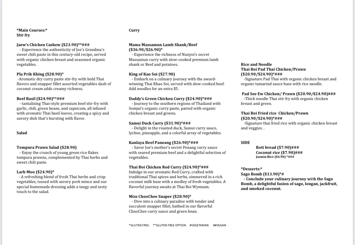 Menu, THAI BOI Wynnum