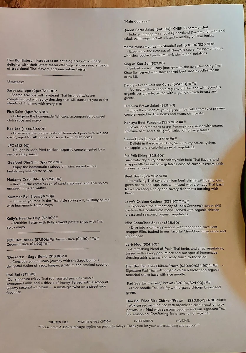 Menu, THAI BOI Wynnum
