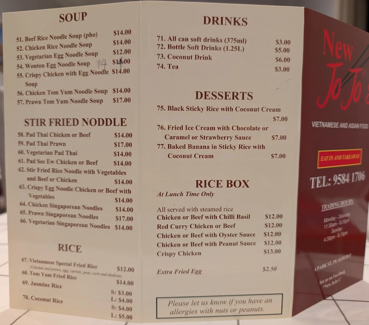 Menu, New JoJo’s