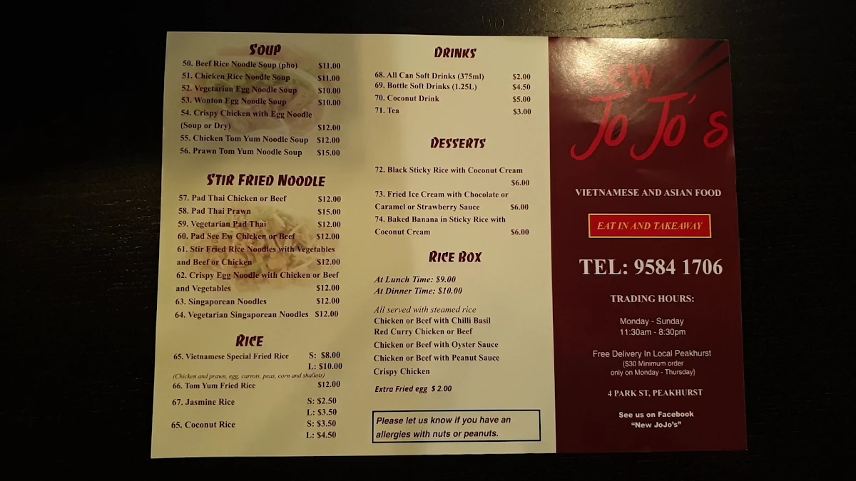 Menu, New JoJo’s