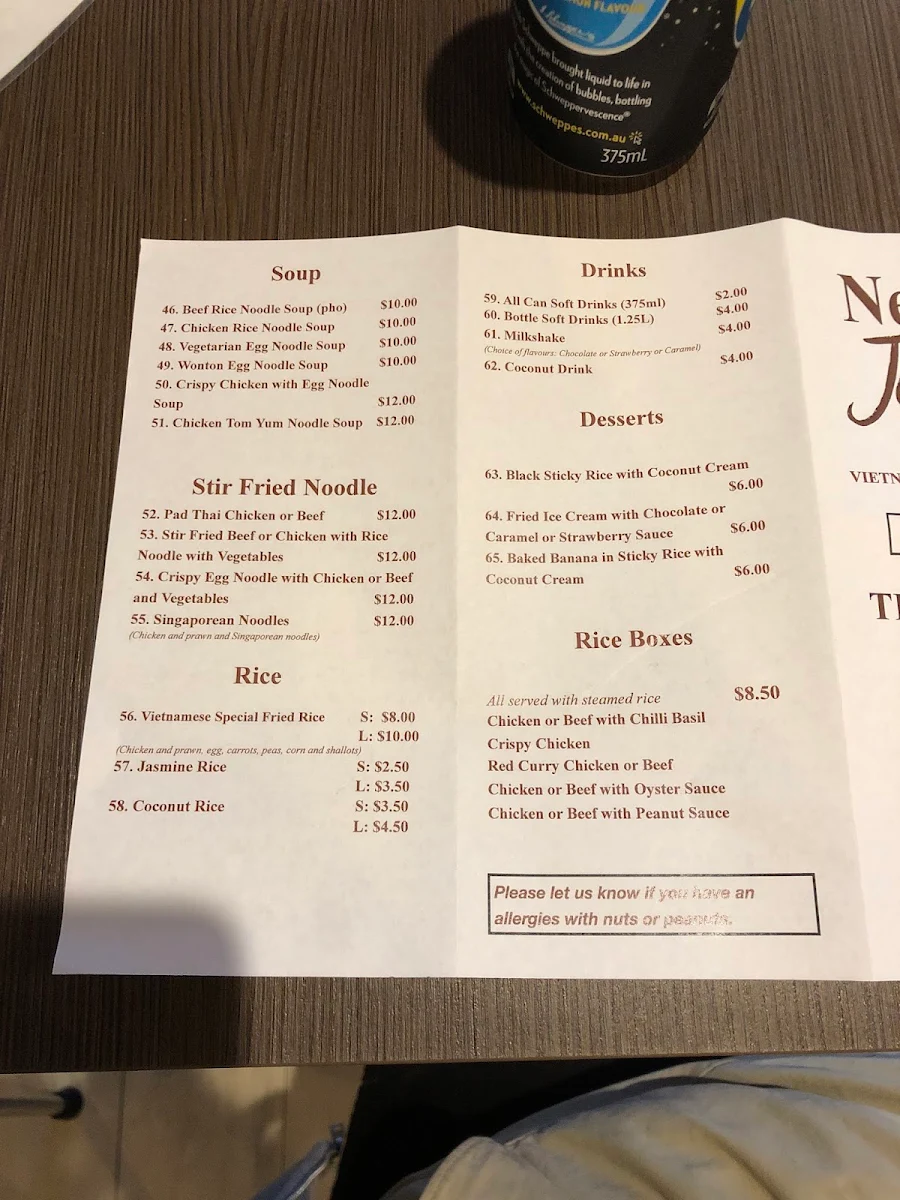 Menu, New JoJo’s
